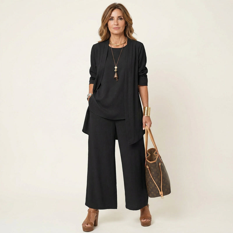 Adeline three-piece topper trouser set in black