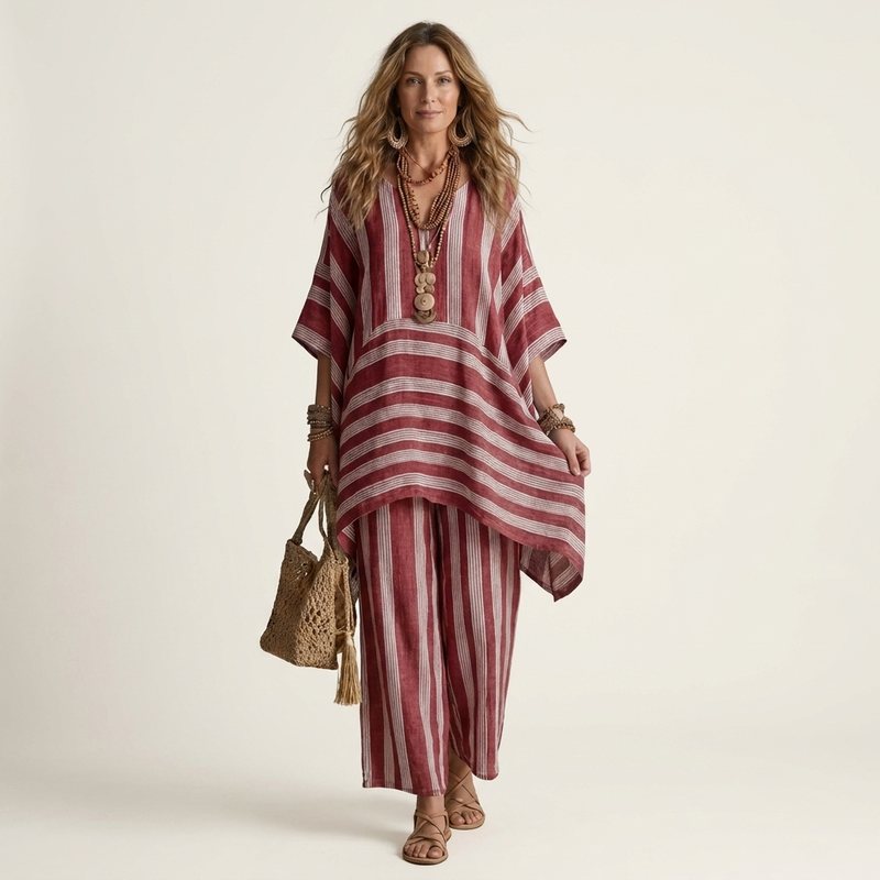 Anita striped poncho tunic set in red stripe